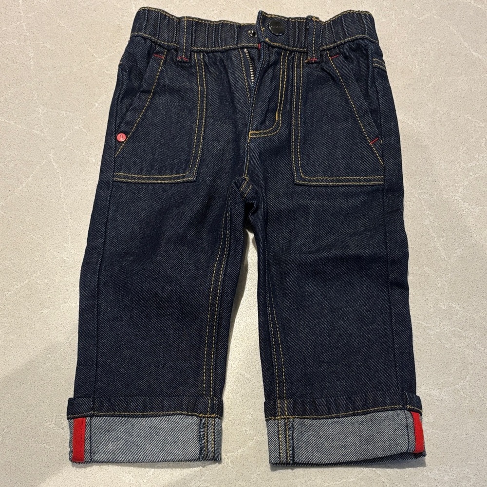 Jacadi Dark Blue Kids Jeans with Red Accents Size 12M Paris Designer Style